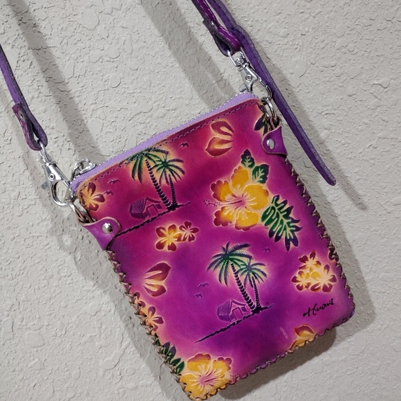 🌺🌴 Aloha From Hawaii Genuine Leather Handtooled Crossbody Bag - Picture 9 of 10
